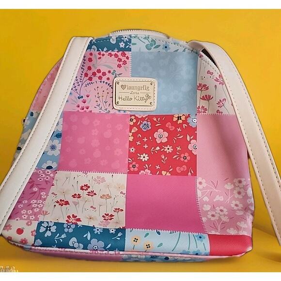 Hello Kitty Loungefly Patch Work Backpack Mini Bag Purse Sanrio Very Nice - Picture 2 of 8